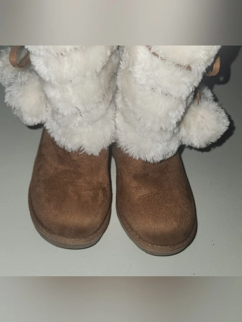Kids Faux Fur Trim Brown Suede Winter Boots - Cream Fur Size 12 Toddler